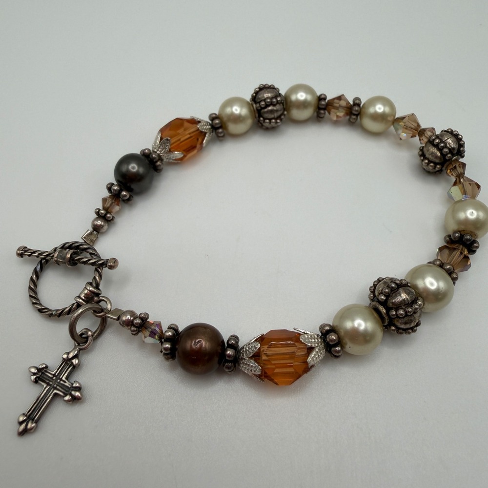 Vintage Style Beaded Cross Toggle Bracelet Cream Pearl Amber Crystal Silver Tone